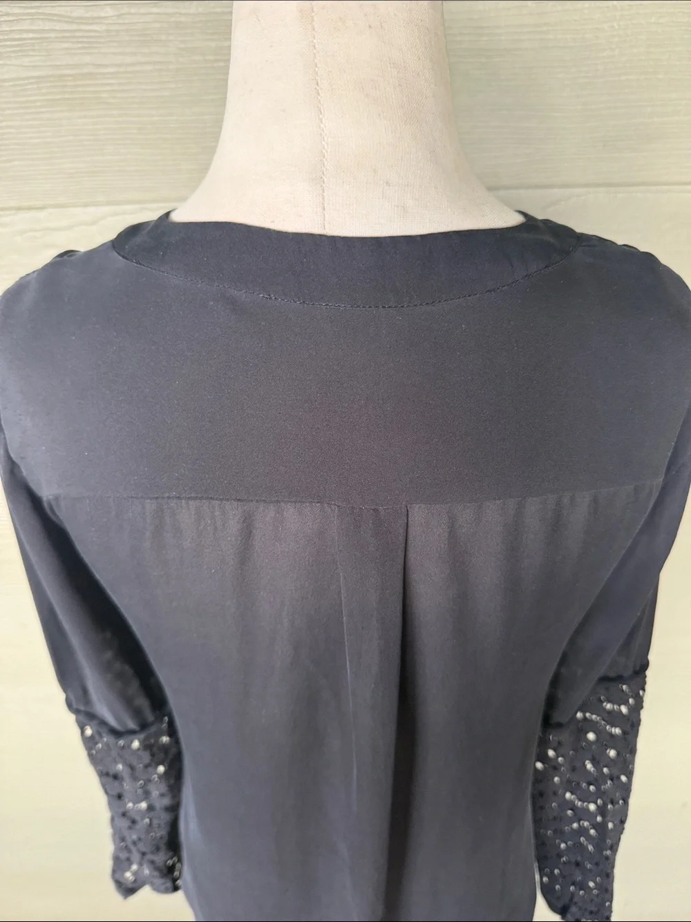 J. Crew Black Long-Sleeve Silk Button Down Blouse with Crochet Sleeves